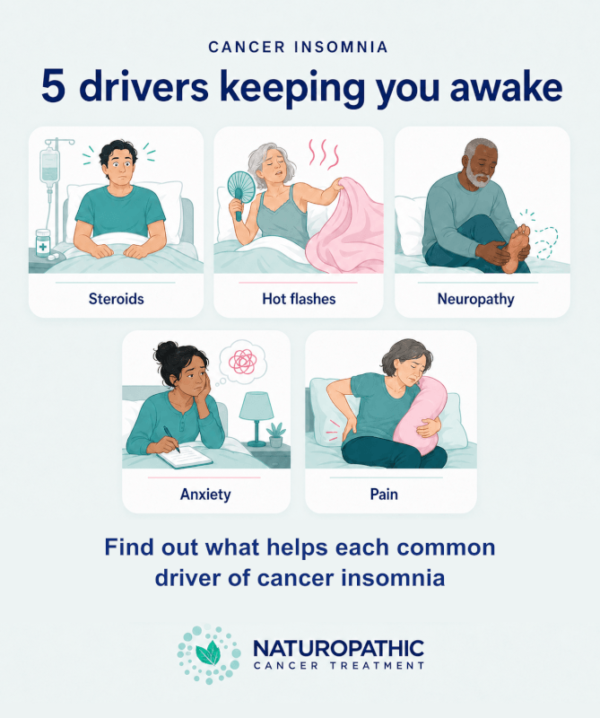 Five illustrated drivers of cancer-related insomnia showing steroid wakefulness, hot flashes, neuropathy, anxiety, and pain.