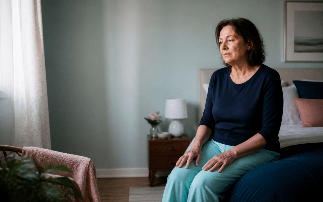 Woman experiencing cancer-related fatigue sitting on the edge of a bed during treatment.