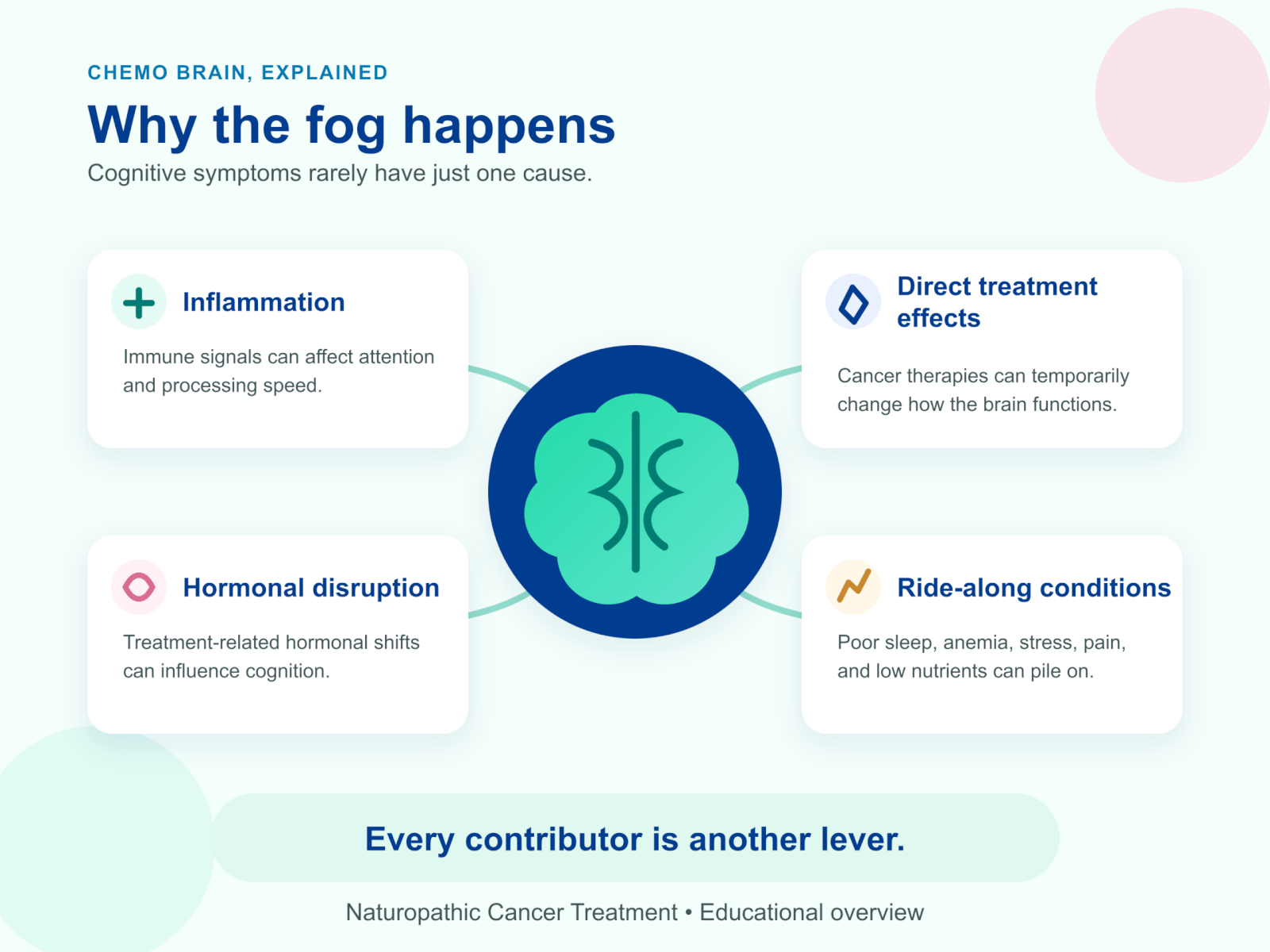 Diagram showing inflammation, treatment effects, hormonal disruption, and other conditions as contributors to chemo brain.