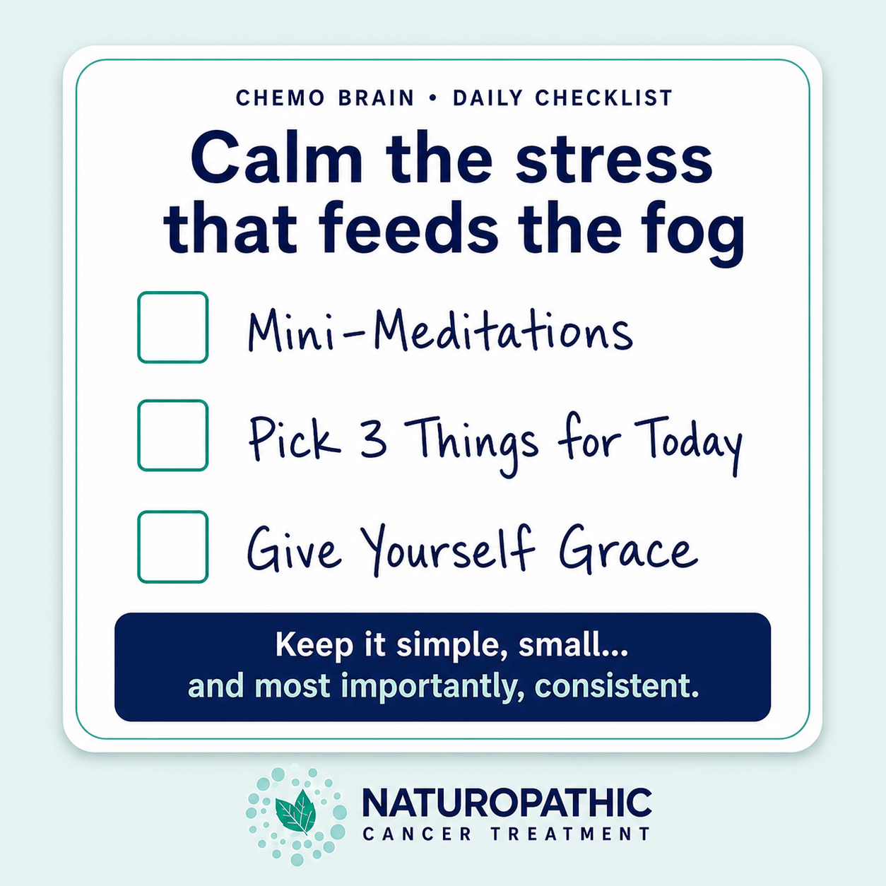 Daily chemo brain checklist featuring Mini-Meditations, Pick 3 Things for Today, and Give Yourself Grace.