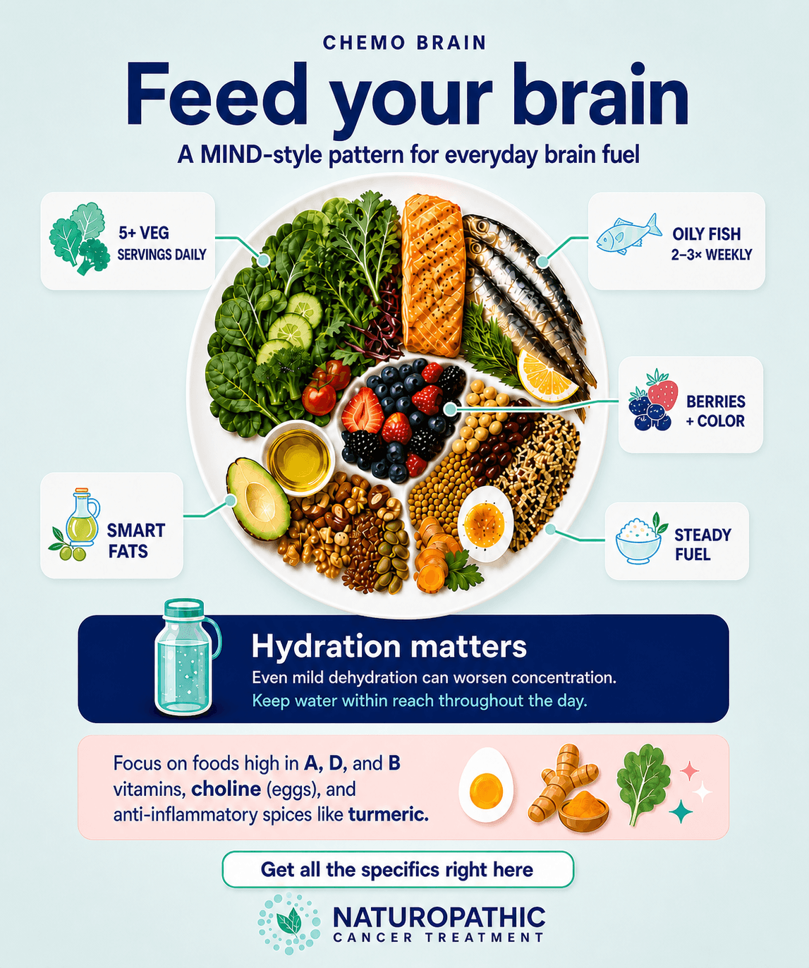 MIND-style food plate for chemo brain showing vegetables, oily fish, berries, healthy fats, steady-energy foods, hydration, vitamins, choline-rich eggs, and turmeric.